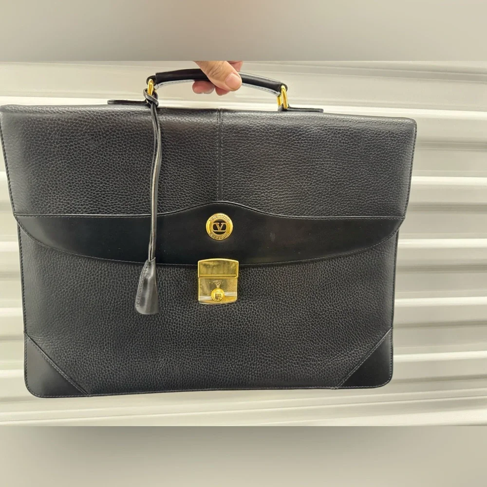 Valentino Garavani NWOT Black Leather Briefcase with Gold Accents